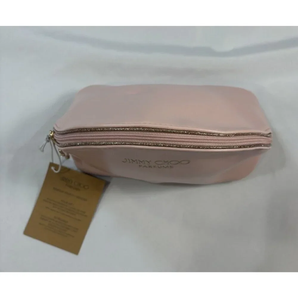 Jimmy Choo Pink With Gold Glitter Trim Makeup Bag 6” H x 8” L